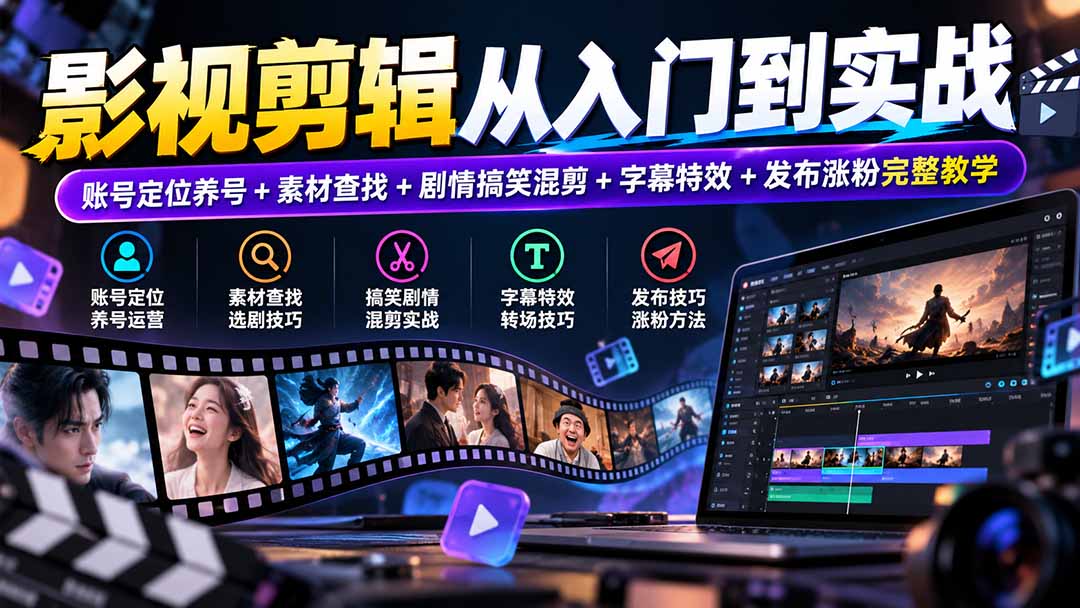影视剪辑从入门到实战：账号定位养号+素材查找+剧情搞笑混剪+字幕特效+发布涨粉完整教学 - 87副业网