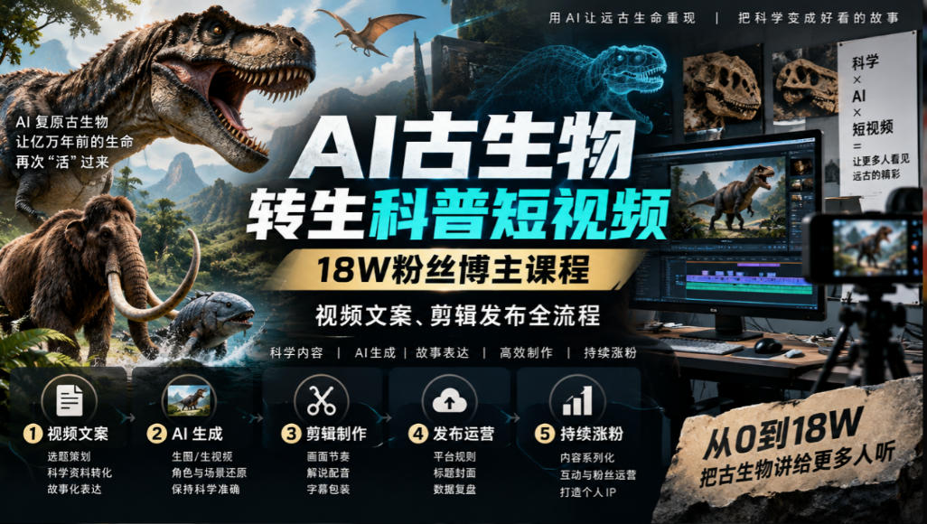 AI古生物转生科普短视频，18W粉丝博主课程，视频文案、剪辑发布全流程 - 87副业网