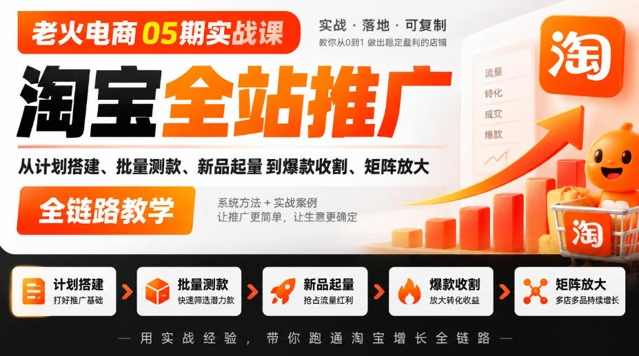 老火电商05期实战课｜淘宝全站推广从计划搭建、批量测款、新品起量到爆款收割、矩阵放大全链路教学-87副业网 - 互联网副业项目资源分享平台