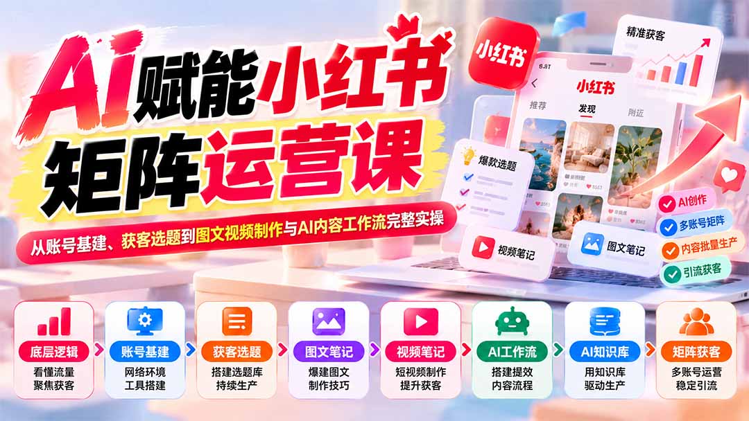AI赋能小红书矩阵运营课：从账号基建、获客选题到图文视频制作与AI内容工作流完整实操 - 87副业网