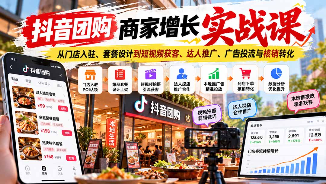 抖音团购商家增长实战课：从门店入驻、套餐设计到短视频获客、达人推广、广告投流与核销转化-87副业网 - 互联网副业项目资源分享平台