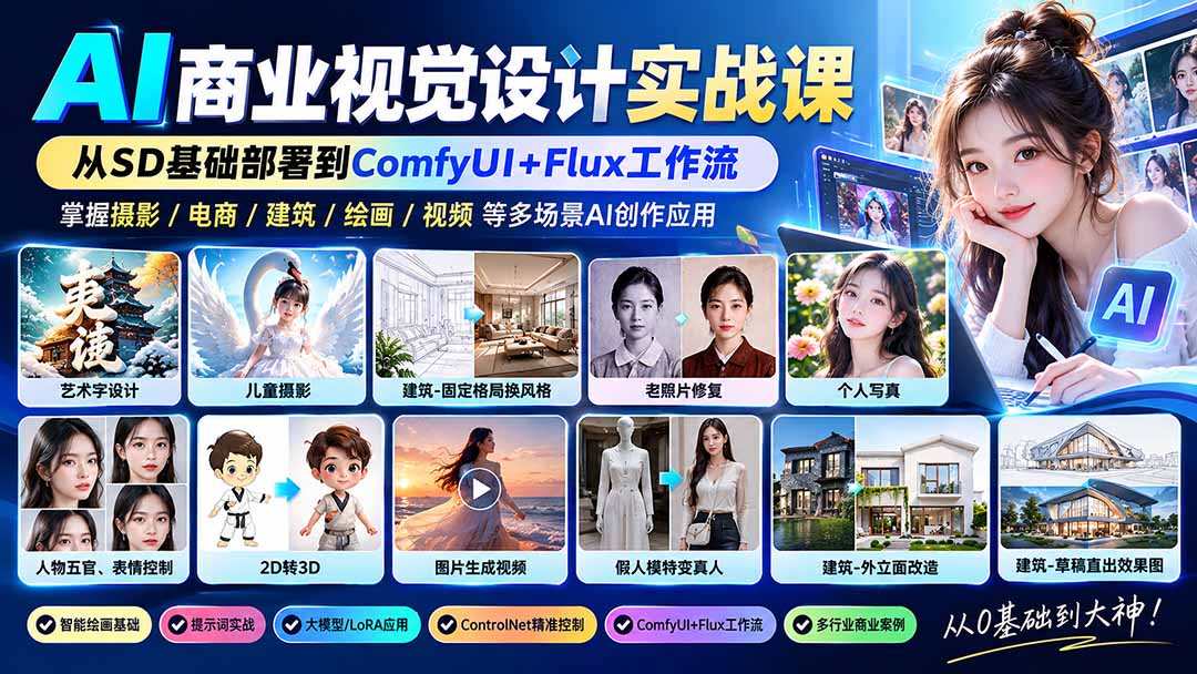 【无水印】AI商业视觉设计实战课：从SD基础部署到ComfyUI+Flux工作流，掌握摄影电商建筑AI创作 - 87副业网
