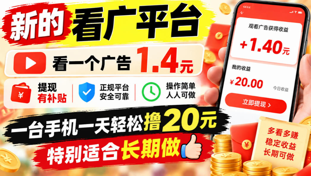 一个新的看广平台，看一个广告1.4元，提现有补贴,一台手机一天轻松撸20+，特别适合长期做【揭秘】-87副业网 - 互联网副业项目资源分享平台