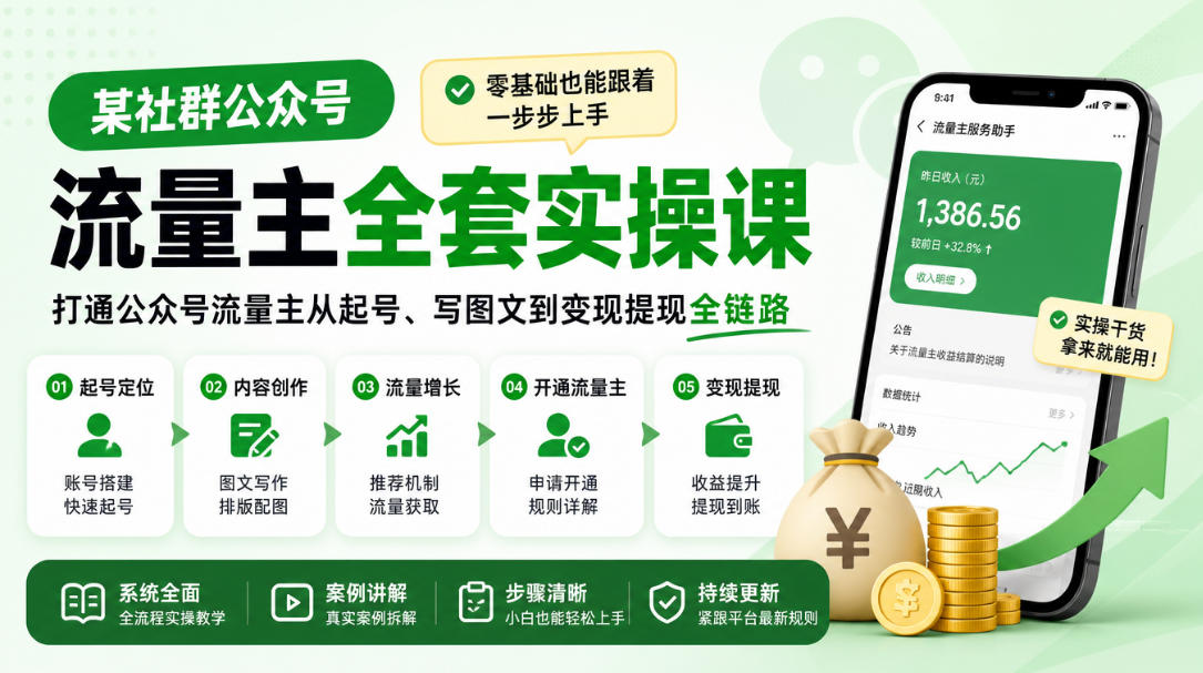 某社群公众号流量主全套实操课，零基础也能跟着一步步上手，打通公众号流量主从起号、写图文到变现提现全链路 - 87副业网