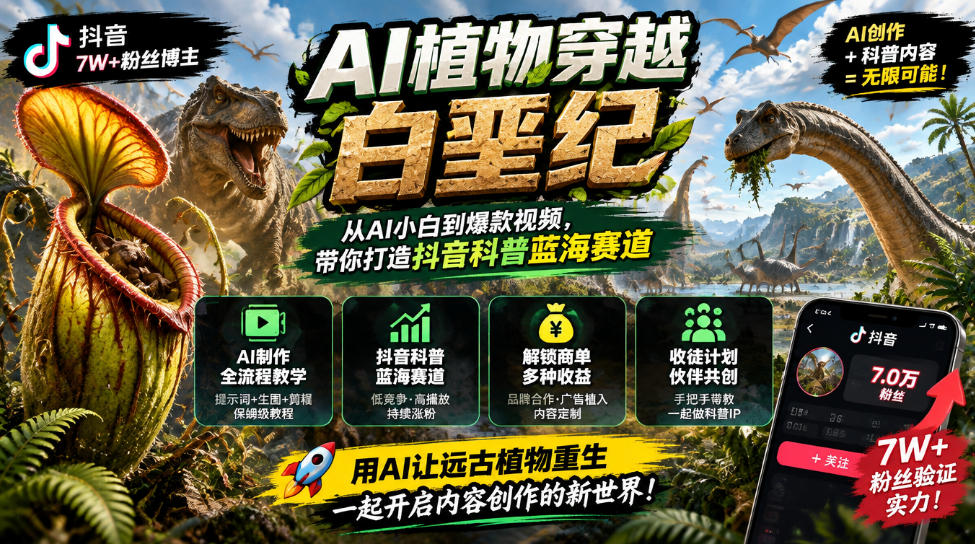 抖音7W粉丝博主的AI植物穿越白垩纪教学，抖音科普蓝海赛道，解锁商单收徒伙伴计划等多种收益-87副业网 - 互联网副业项目资源分享平台