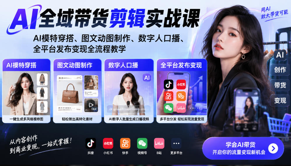 AI全域带货剪辑实战课｜AI模特穿搭、图文动图制作、数字人口播、全平台发布变现全流程教学 - 87副业网