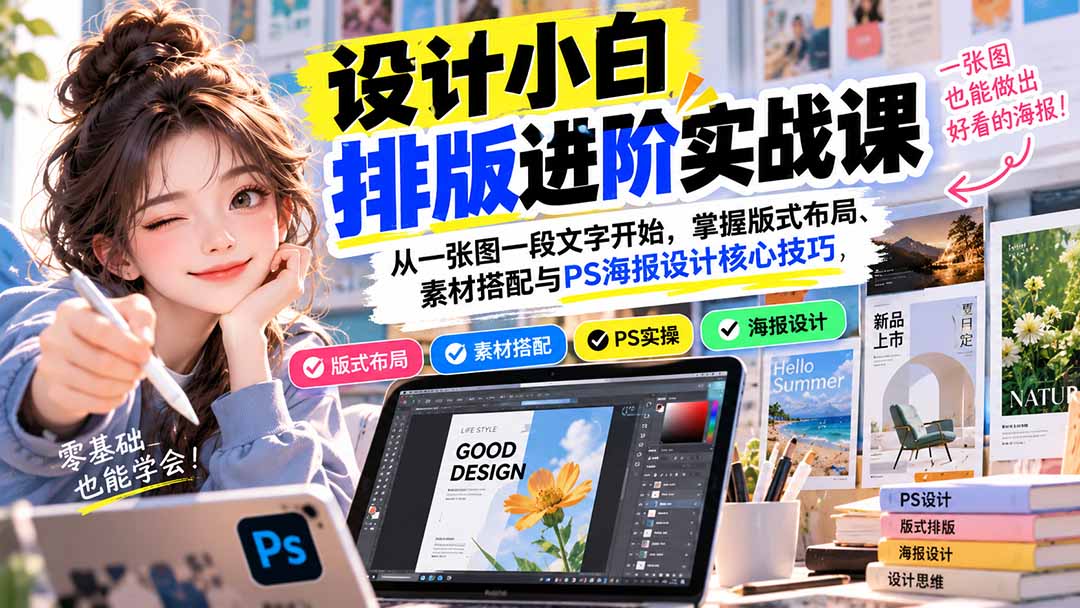 设计小白排版进阶实战课:从一张图一段文字开始,掌握版式布局、素材搭配与PS海报设计核心技巧-87副业网 - 互联网副业项目资源分享平台