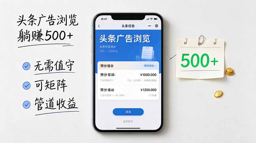 头条广告浏览躺赚500+无需值守,可矩阵并附有管道收益-87副业网 - 互联网副业项目资源分享平台