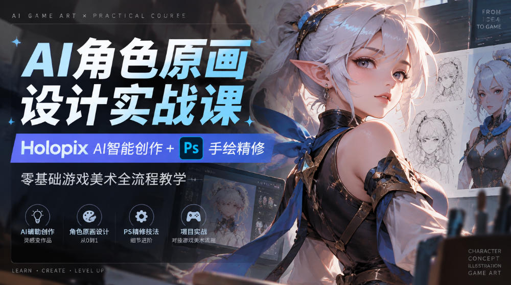 AI角色原画设计实战课｜Holopix AI智能创作+PS手绘精修，零基础游戏美术全流程教学-87副业网 - 互联网副业项目资源分享平台