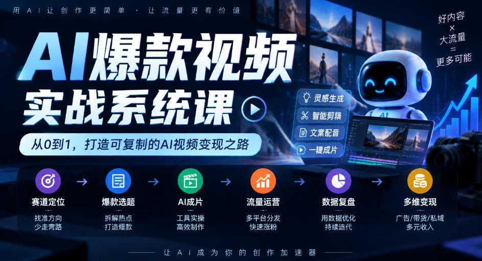 AI爆款视频实战系统课｜赛道定位、爆款选题、AI成片、流量运营、数据复盘、多维变现全链路教学 - 87副业网