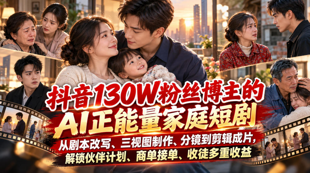 抖音130W粉丝博主的AI正能量家庭短剧，从剧本改写、三视图制作、分镜到剪辑成片，解锁伙伴计划、商单接单、收徒多重收益(更新1007) - 87副业网
