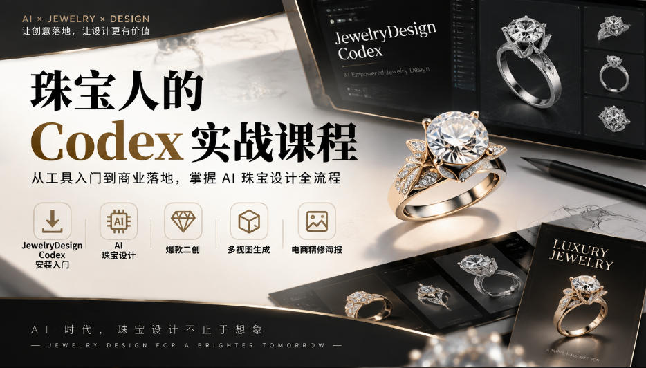 珠宝人的Codex实战课程|JewelryDesign Codex安装入门、AI珠宝设计、爆款二创、多视图生成、电商精修海报全链路教学-87副业网 - 互联网副业项目资源分享平台