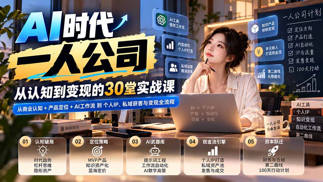 【无水印】AI时代一人公司30堂实战课：从商业认知+产品定位+AI工作流到个人IP、私域获客与变现全流程 - 87副业网
