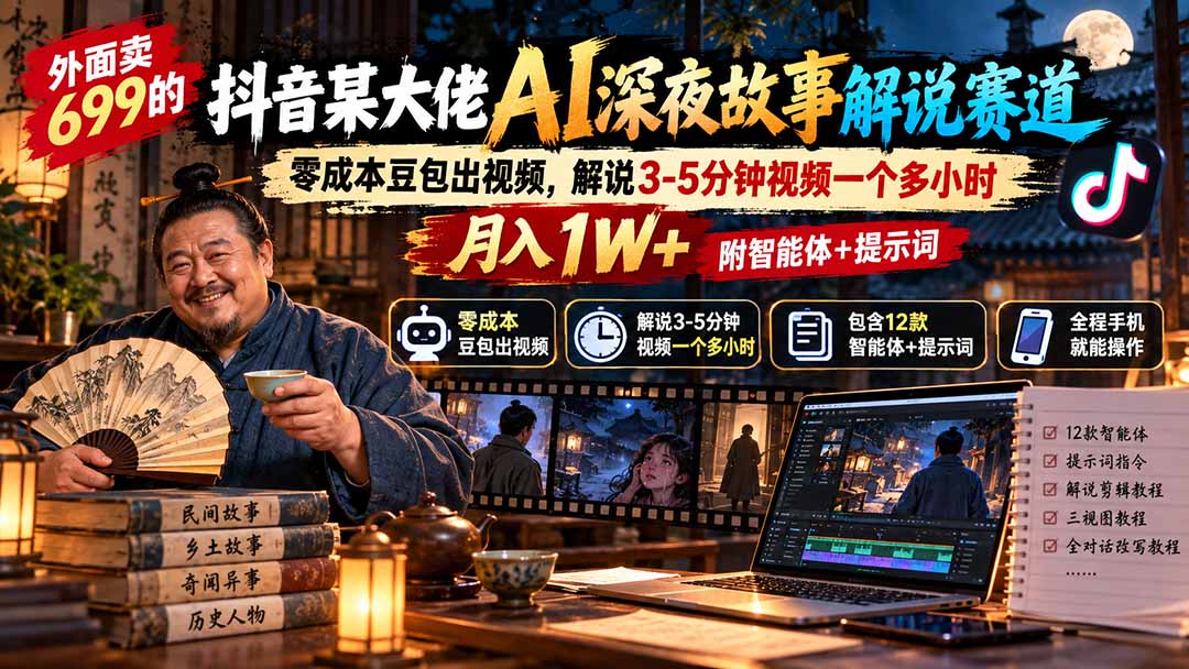 外面卖699抖音某大佬AI深夜故事解说赛道-更新：0成本豆包出视频+解说3-5分钟视频一个多小时，月入1W+附智能体+提示词 - 87副业网