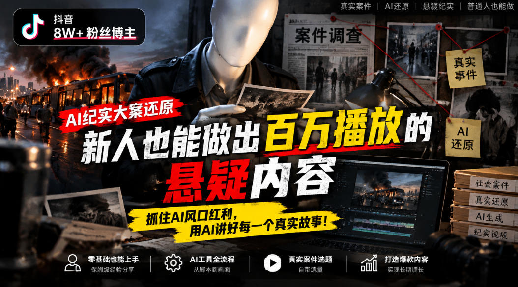 抖音8W粉丝博主的AI纪实大案还原教学，新人也能做出百W播放的悬疑内容，抓住AI风口红利，用AI讲好每一个真实故事 - 87副业网