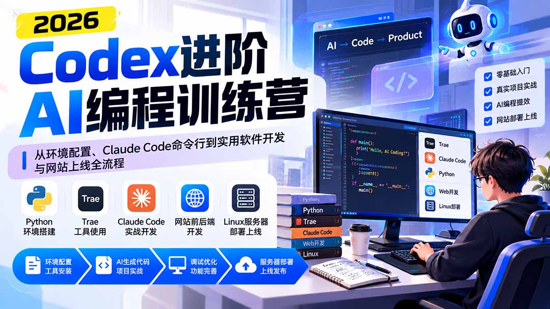 Codex进阶AI编程训练营：从环境配置、Claude Code命令行到实用软件开发与网站上线全流程 - 87副业网