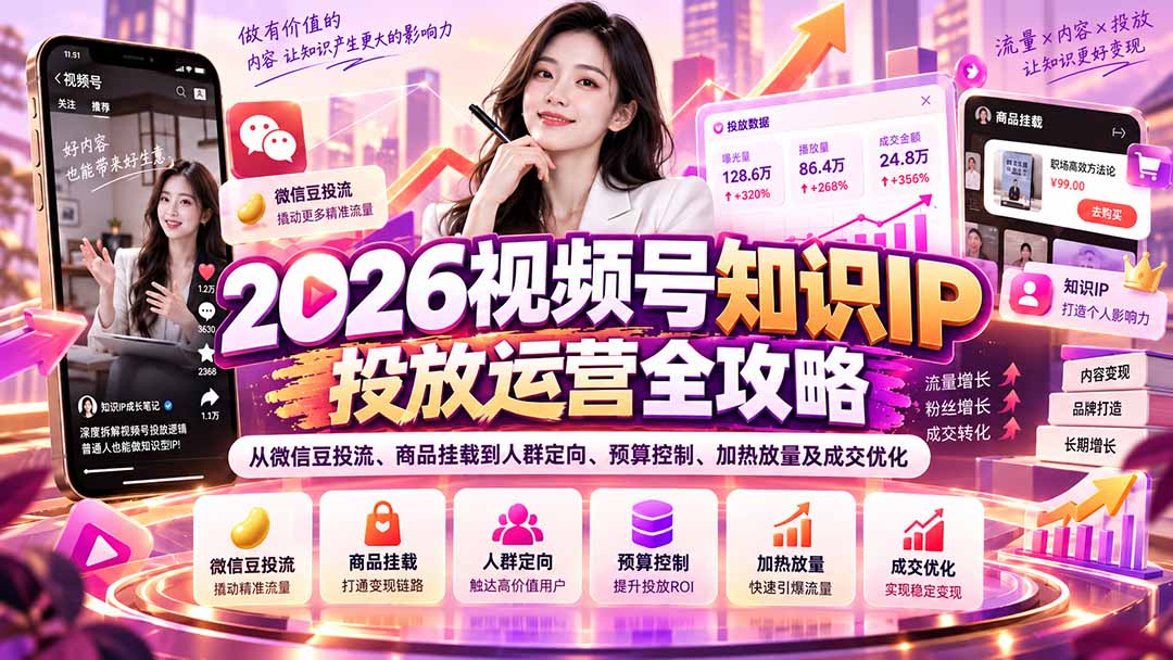 2026视频号知识IP投放运营全攻略：从微信豆投流、商品挂载到人群定向、预算控制、加热放量及成交优化-87副业网 - 互联网副业项目资源分享平台