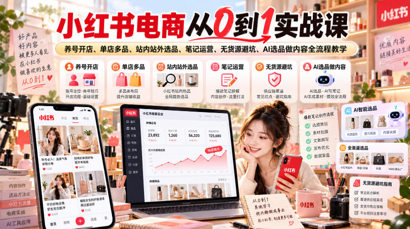 小红书电商从0到1实战课｜养号开店、单店多品、站内站外选品、笔记运营、无货源避坑、AI选品做内容全流程教学 - 87副业网