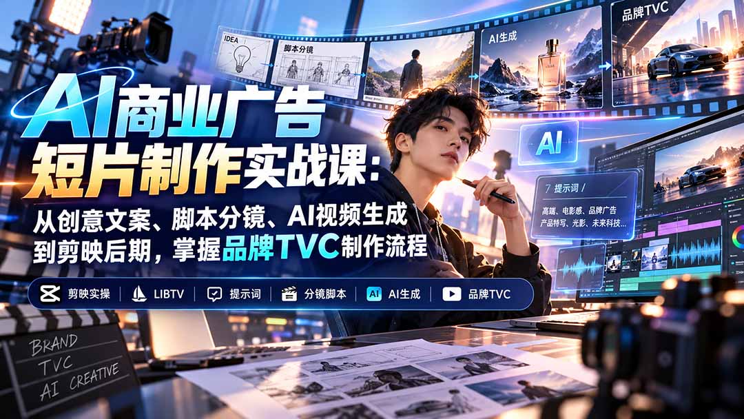 AI商业广告短片制作实战课：从创意文案、脚本分镜、AI视频生成到剪映后期，掌握品牌TVC制作流程 - 87副业网