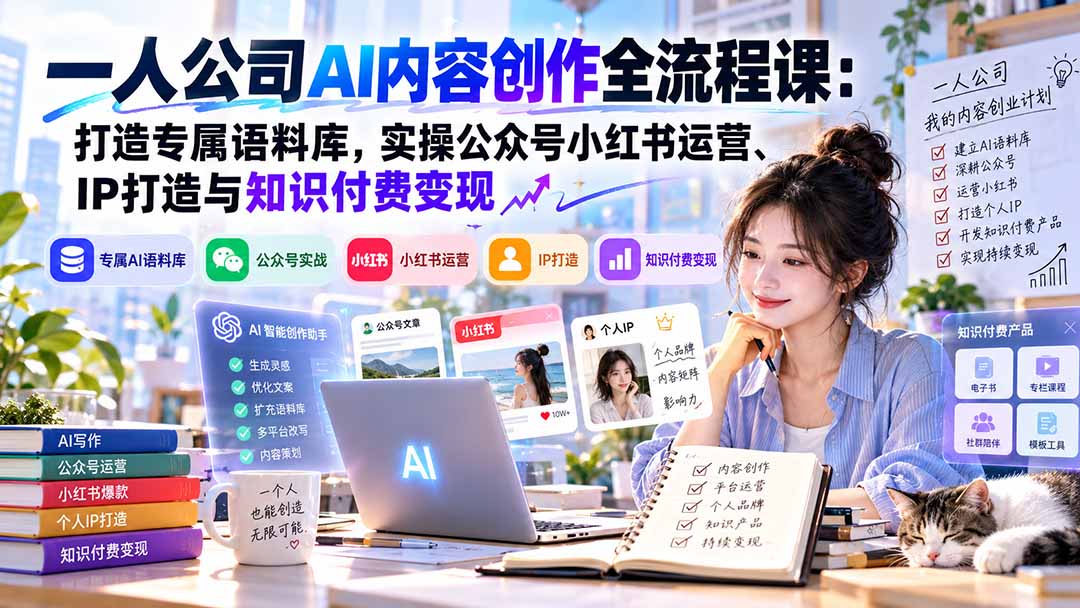 一人公司AI内容创作全流程课：打造专属语料库，实操公众号小红书运营、IP打造与知识付费变现方法论 - 87副业网