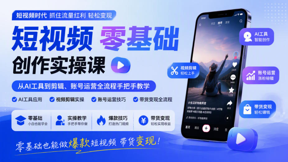 短视频零基础创作实操课，从AI工具到剪辑、账号运营全流程手把手教学，零基础也能做爆款短视频带货变现 - 87副业网