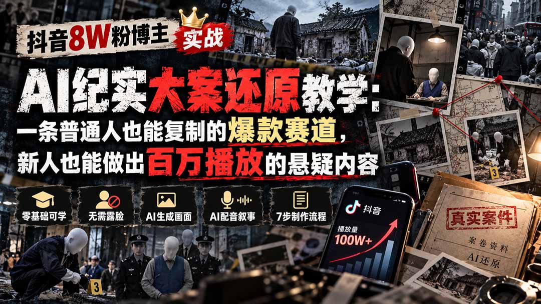 抖音8W粉博主AI纪实大案还原教学：一条普通人也能复制的爆款赛道，新人也能做出百万播放的悬疑内容 - 87副业网
