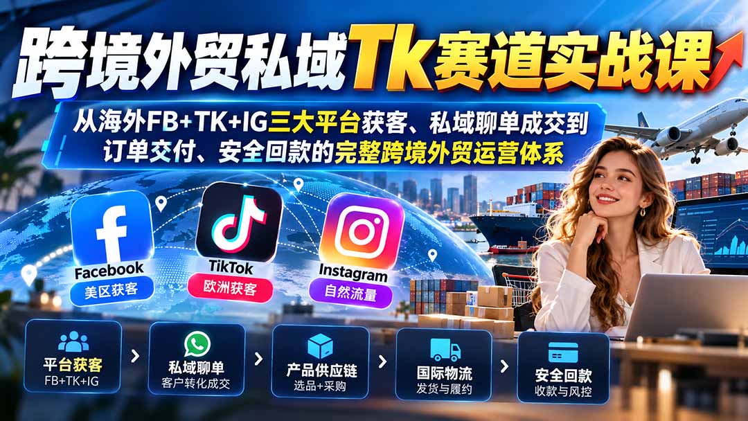 跨境外贸私域Tk赛道实战课：从海外FB+TK+IG三大平台获客、私域聊单成交到订单交付、安全回款的完整跨境外贸运营体系 - 87副业网