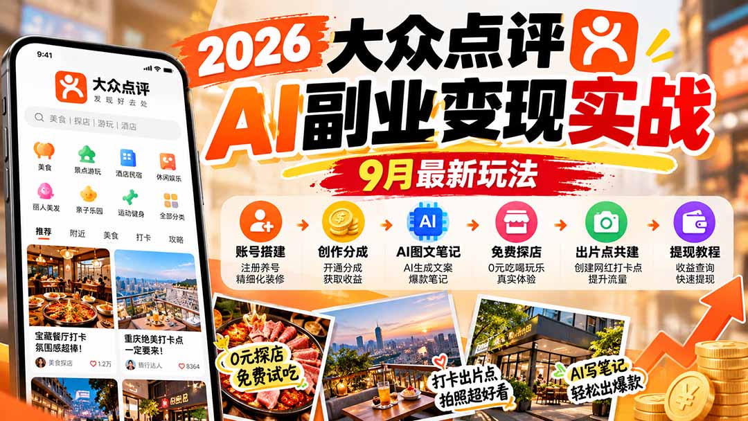 2026大众点评AI副业变现实战9月最新玩法：账号搭建+创作分成+AI图文笔记+免费探店+出片点共建与提现教程 - 87副业网