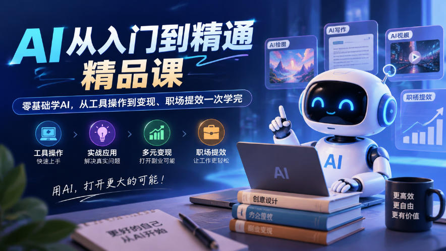AI从入门到精通精品课，零基础学AI，从工具操作到变现、职场提效一次学完 - 87副业网