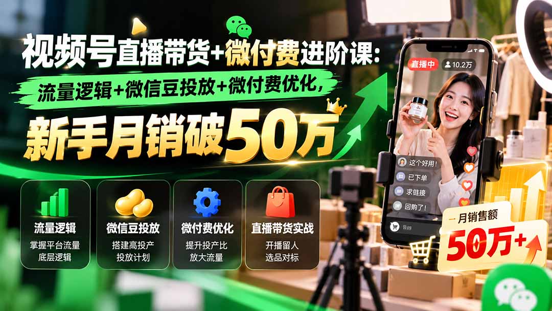 视频号直播带货+微付费进阶课-更新1010：流量逻辑+微信豆投放+微付费优化，新手月销破50万-87副业网 - 互联网副业项目资源分享平台