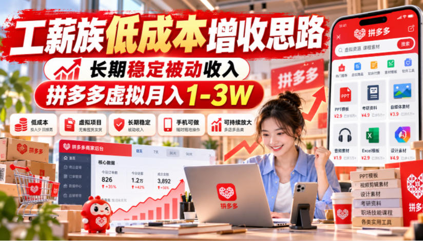 工薪族低成本增收思路，长期稳定被动收入，拼多多虚拟月入1-3W - 87副业网