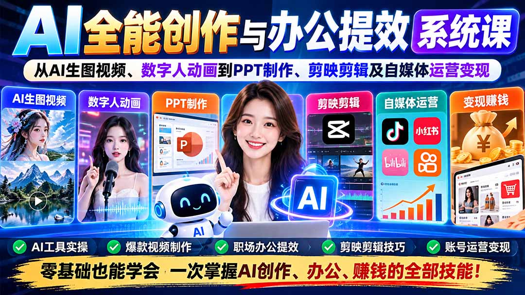 AI全能创作与办公提效系统课：从AI生图视频、数字人动画到PPT制作、剪映剪辑及自媒体运营变现 - 87副业网