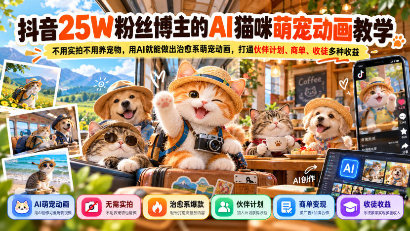 抖音25W粉丝博主的AI猫咪萌宠动画教学，不用实拍不用养宠物，用AI就能做出治愈系萌宠动画，打通伙伴计划、商单、收徒多种收益 - 87副业网