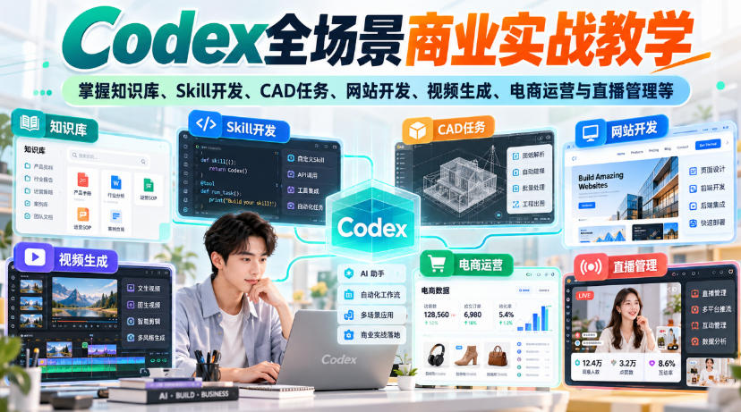 Codex全场景商业实战教学，掌握知识库、Skill开发、CAD任务、网站开发、视频生成、电商运营与直播管理等(更新1010) - 87副业网