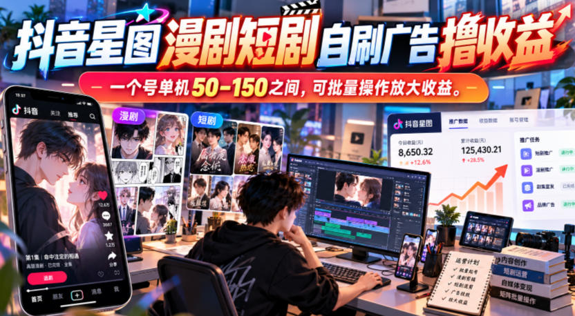 抖音星图漫剧短剧自刷广告撸收益，一个号单机50-150之间，可批量操作放大收益 - 87副业网