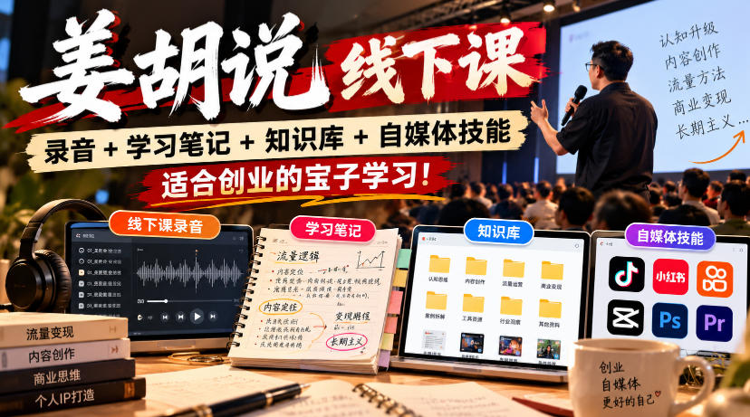 姜胡说线下课录音＋学习笔记＋知识库＋自媒体技能，​适合创业的宝子学习！ - 87副业网