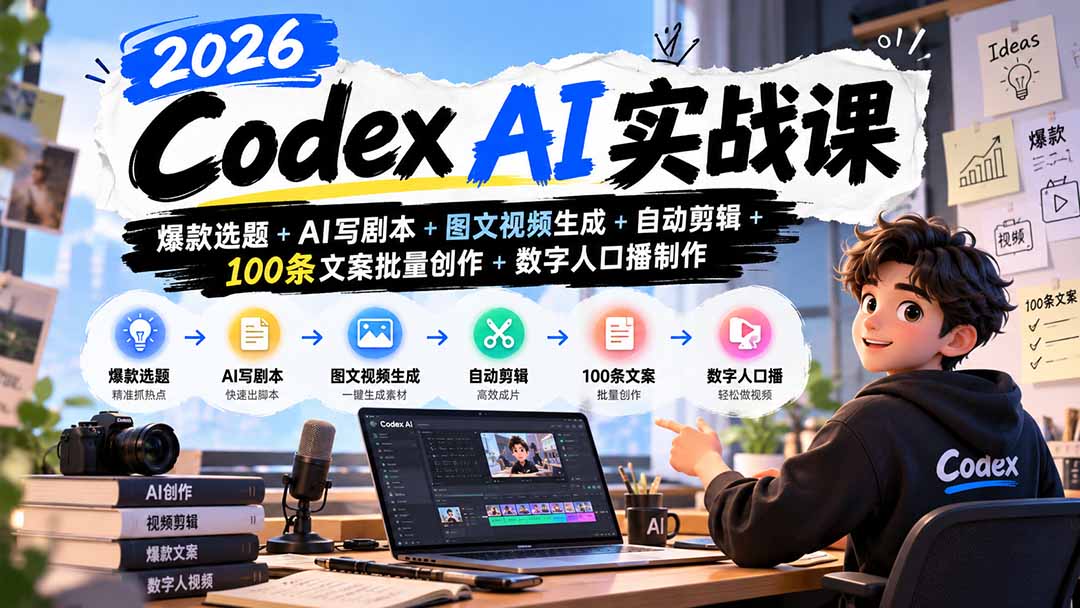 2026Codex AI实战课：爆款选题+AI写剧本+图文视频生成+自动剪辑+100条文案批量创作+数字人口播制作 - 87副业网