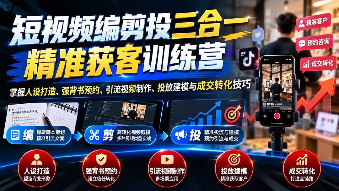 短视频编剪投三合一精准获客训练营：掌握人设打造、强背书预约、引流视频制作、投放建模与成交转化技巧 - 87副业网