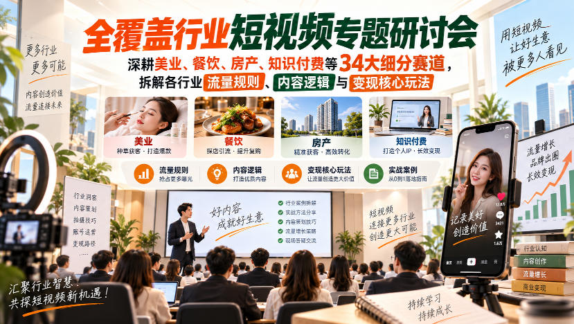 短视频专题研讨会，深耕美业、餐饮、房产、知识付费等34大细分赛道，拆解各行业流量规则、内容逻辑与变现核心玩法(更新1011) - 87副业网