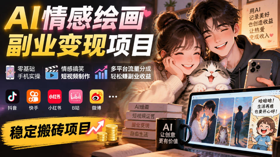 AI情感绘画副业变现项目｜零基础手机实操，情感搞笑短视频制作，多平台流量分成轻松賺副业收益 - 87副业网