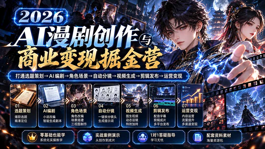 【无水印】2026AI漫剧创作与商业变现掘金营：打通选题→AI编剧→角色场景→自动分镜→视频生成→剪辑发布→运营变现 - 87副业网