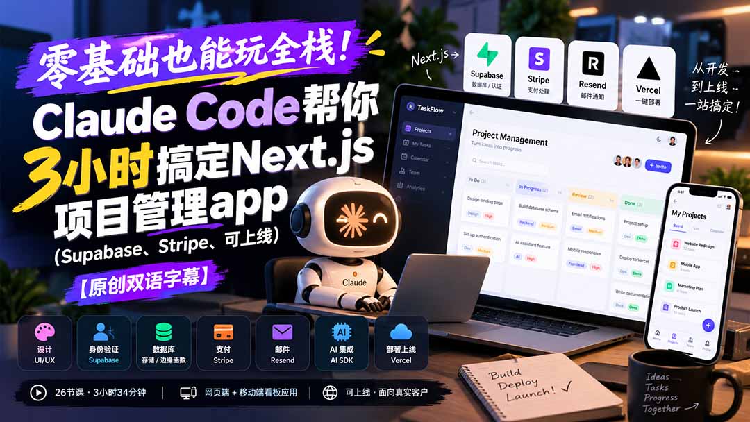 零基础也能玩全栈！Claude Code帮你3小时搞定Next.js项目管理app(Supabase、Stripe、可上线 - 87副业网