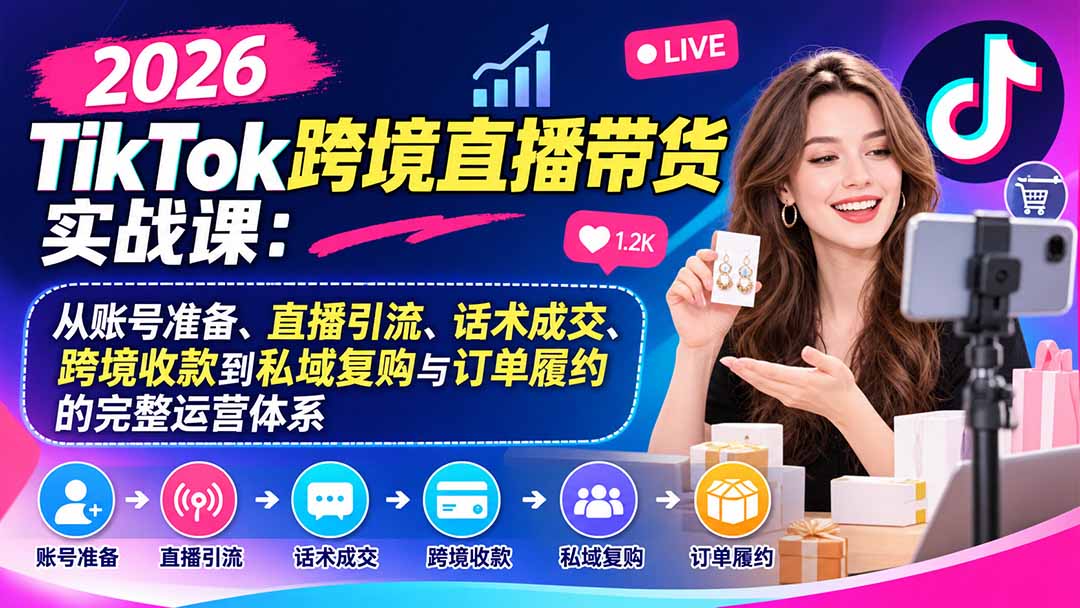 2026TikTok跨境直播带货实战课：从账号准备、直播引流、话术成交、跨境收款到私域复购与订单履约的完整运营体系 - 87副业网