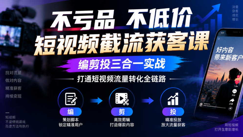 不亏品不低价短视频截流获客课，编剪投三合一实战，打通短视频流量转化全链路 - 87副业网