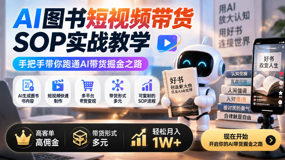 AI图书短视频带货SOP实战教学，手把手带你跑通AI带货掘金之路，高客单高佣金，带货形式多元，轻松月入1W+ - 87副业网