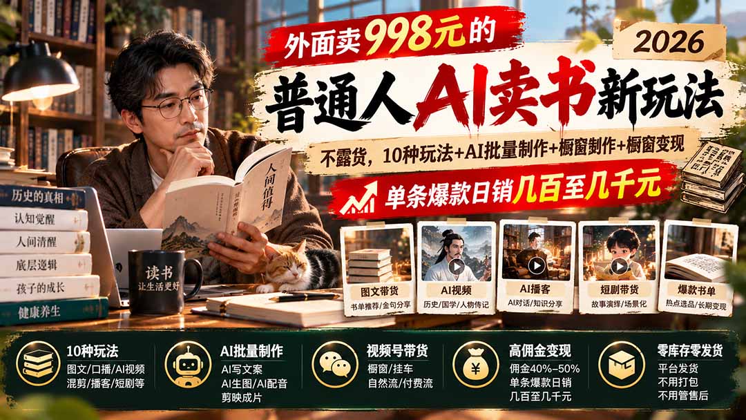 外面卖998元的2026普通人AI卖书新玩法：不露脸、不囤货，10种玩法+AI批量制作+橱窗变现，单条爆款日销几百至几千元 - 87副业网