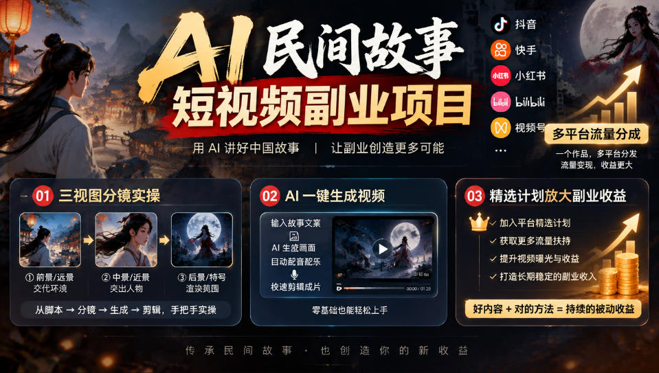 AI民间故事短视频副业项目，多平台流量分成，三视图分镜实操，精选计划放大副业收益 - 87副业网