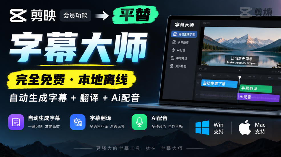 剪映会员功能平替，字幕大师完全免费本地离线，支持自动生成字幕+翻译+Ai配音，Win和Mac都支持！ - 87副业网