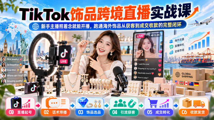 TikTok饰品跨境直播实战课，新手主播照着念就能开播，跑通海外饰品从获客到成交收款的完整闭环 - 87副业网