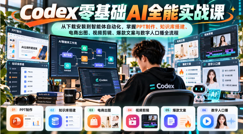 Codex零基础AI全能实战课：从下载安装到智能体自动化，掌握知识库搭建、电商出图、视频剪辑、爆款文案与数字人口播全流程 - 87副业网